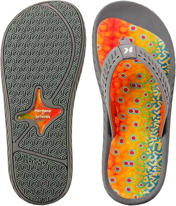Korkers Fish Flips non-slip fishing sandals Brook trout graphic by de young ideal for wet wading and boat trips