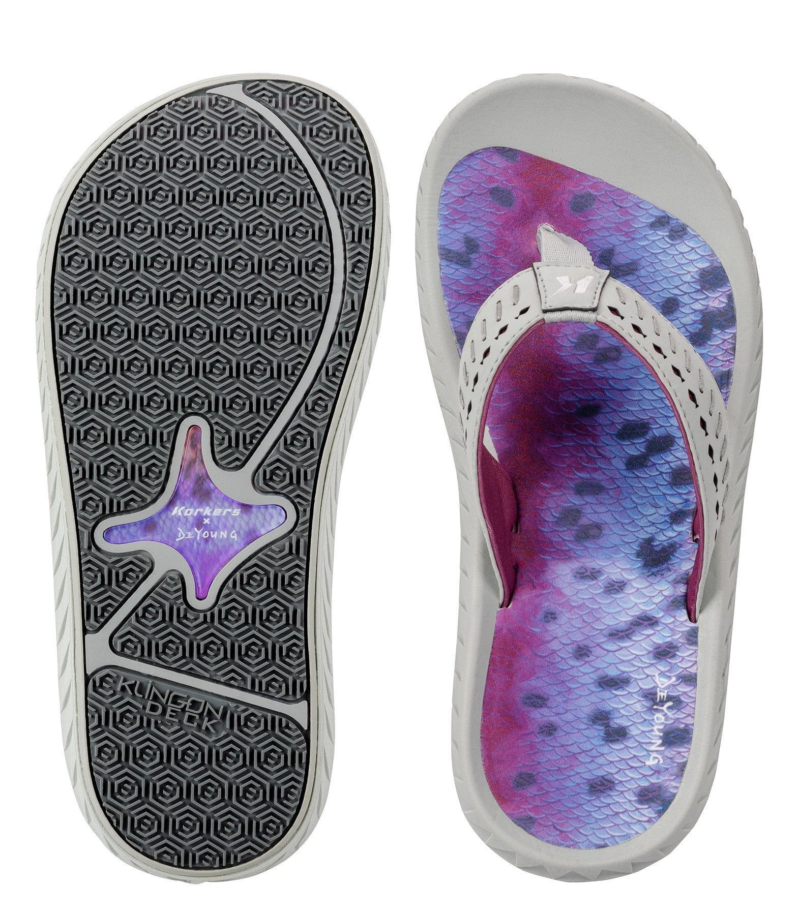 top and bottom view of the women's Korkers Rainbow trout Fish Flips non-slip fishing sandals ideal for wet wading and boat trips